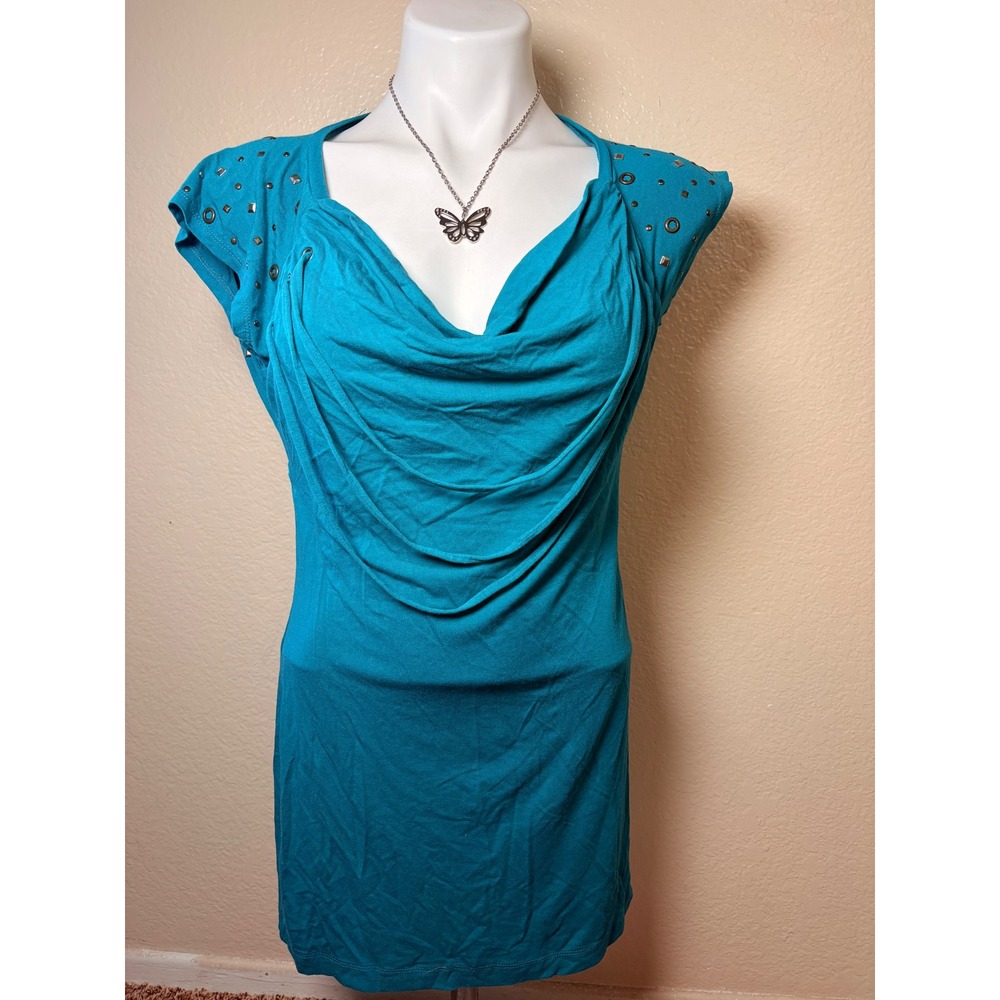 Y2K Kouture by Kimora Teal Cowl Neck Studded Racerback Top Mini Dress M #7